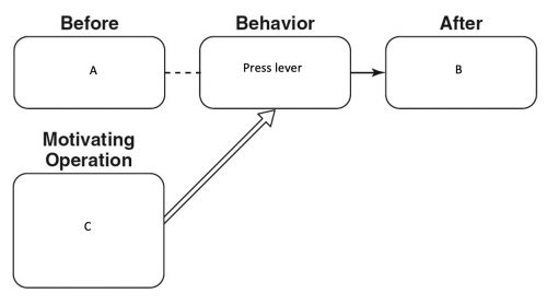 Today is your first lab in training Rudolph to press the lever. Every time he presses the lever, you'll give him a drop of water. Because he has been deprived of water for 23 hours, water becomes quite an effective reinforcer for him. Match the letters in the boxes to the words that should go in those boxes in order to complete the following contingency diagram of Rudolph's lever pressing and its corresponding motivating operation.     -No water  