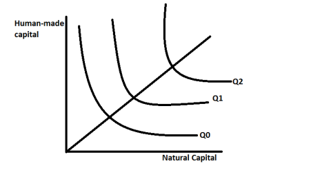 <strong>Consider the following substitution possibility graph. Assume that the output level (i.e. Economic production) is the same for each line (Q0 = Q1 = Q2). Which of the following statements is correct? </strong> A) With Q1, technological improvements are such that resource conservation is lower relative to Q0. B) With Q2, technological improvements are such that resource conservation is lowest relative to Q0 and Q1. C) With Q0, technological improvements are such that resource conservation Is highest relative to Q1 and Q2. D) Only b) and c) are correct E) A), b), and c) are correct