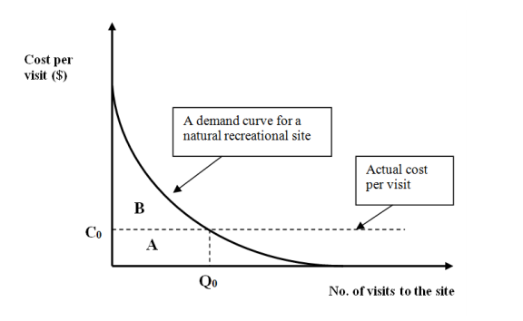 <strong>Figure 7E   -Refer to Figure 7E. Assume that the function in the figure measures WTP for visits to a national park. If the actual cost per visit is set above C0, then it must be that consumer surplus is…</strong> A) Equal to producer surplus. B) Greater than area B. C) Equal to area A. D) Equal to area B. E) Smaller than area B. <div style=padding-top: 35px> 