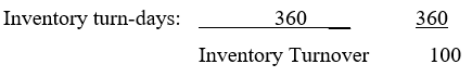 If the cost of goods sold is $1500 and their inventory of the product is 15. What is their inventory turn-days ratio? What does this answer mean and what type of firm would have inventory for this time-period?    <div style=padding-top: 35px> 