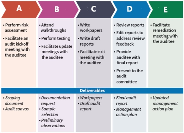 The five stages of an audit include important audit activities and deliverables.   What is Stage A? A)  Planning B)  Fieldwork C)  Wrap-up D)  Reporting