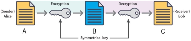 Reviewing the illustration below. Which word fits best for B?   A)  Plain text B)  Cipher text C)  Decrypted text D)  Simple text