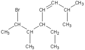 What is the systematic name for the following structure?   A) 2-bromo-4-ethyl-3,7-dimethyloctane B) 2-bromo-4-ethyl-3,7-dimethyl-5-octene C) bromoethyldimethyloctene D) 7-bromo-5-ethyl-2,6-dimethyl-3-octene E) 6-bromo-4-ethyl-1,1,5-trimethyl-2-heptane