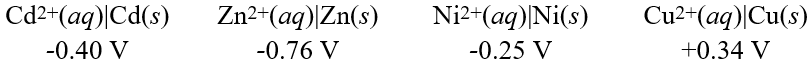  Using these metal ion/metal standard reduction potentials   Calculate the standard cell potential for the cell whose reaction is: Cu<sup>2+</sup>(aq) + Cd(s)  \rarr Cd<sup>2+</sup>(aq) + Cu(s)  A) +0.76 V B) +0.06 V C) -0.06 V D) +0.74 V E) +0.20 V 