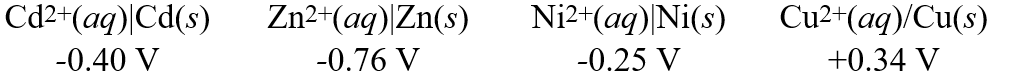  Using these metal ion/metal standard reduction potentials    Calculate the standard cell potential for the cell whose reaction is: Ni<sup>2+</sup>(aq) + Zn(s)  \rarr Zn<sup>2+</sup>(aq) + Ni(s)  A) +0.51 V B) -1.02 V C) -1.01 V D) +1.01 V E) -0.51 V 