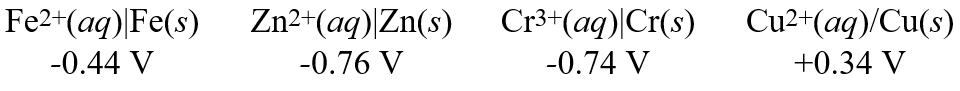  Using these metal ion/metal standard reduction potentials    Calculate the standard cell potential for the cell whose reaction is: Fe<sup>2+</sup>(aq) + Cr(s)  \rarr Fe(s) + Cr<sup>3+</sup>(aq)  A) -0.30 V B) -1.18 V C) +0.30 V D) +0.16 V E) -0.16 V 