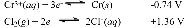  Using the standard reduction potentials::   Calculate the value of E°<sub>cell</sub> for the cell with the reaction:2Cr(s) + 3Cl<sub>2</sub>(g)   \rarr 2Cr<sup>3+</sup>(aq) + 6Cl<sup>-</sup>(aq)  A) -0.96 V B) +0.96 V C) +2.10 V D) -2.10 V E) +0.98 V 