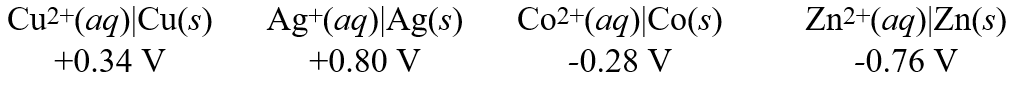 Consider these metal ion/metal standard reduction potentials   Based on the data above, which one of the species below is the best reducing agent? A) Co(s)  B) Zn(s)  C) Cu<sup>2+</sup>(aq)  D) Cu(s)  E) Ag(s) 