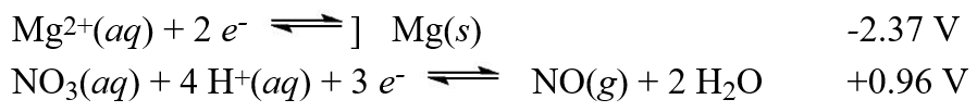  Using the standard reduction potentials   Calculate the value of E°<sub>cell</sub> for the cell with the reaction: 3 Mg(s) + 2 NO<sub>3</sub><sup>-</sup>(aq) + 8 H<sup>+</sup>(aq)  \rarr  3 Mg<sup>2+</sup>(aq) + 2 NO(g) + 4 H<sub>2</sub>O A) +1.41 V B) -1.41 V C) +3.33 V D) +8.46 V E) -8.46 V 
