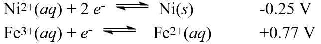  Using the standard reduction potentials   Calculate the value of E°<sub>cell</sub> for the cell with the following reaction. Ni<sup>2+</sup>(aq) + 2 Fe<sup>2+</sup>(aq)  \rarr Ni(s) + 2 Fe<sup>3+</sup>(aq)  A) +0.52 V B) -1.02 V C) +2.81 V D) +1.02 V E) -2.81 V 