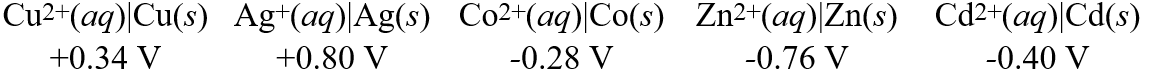 Consider these metal ion/metal standard reduction potentials   Based on the data above, which species is the best oxidizing agent? A) Co<sup>2+</sup>(aq)  B) Zn<sup>2+</sup>(aq)  C) Cu<sup>2+</sup>(aq)  D) Cd<sup>2+</sup>(aq)  E) Ag<sup>+</sup>(aq) 
