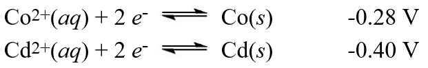A galvanic cell is composed of these two half-cells, with the standard reduction potentials shown:   What is the standard free energy change for the cell reaction of this galvanic cell? A) -12 kJ B) +12 kJ C) -23 kJ D) +23 kJ E) -46 kJ