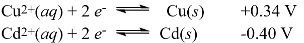  A galvanic cell is composed of these two half-cells, with the standard reduction potentials shown:   What is the standard free energy ( \Delta G°) change for the cell reaction of this galvanic cell? A) +12 kJ B) -12 kJ C) +143 kJ D) -143 kJ E) -71 kJ 