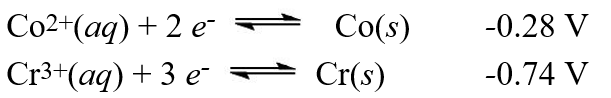  A galvanic cell is composed of these two half-cells, with the standard reduction potentials shown:   What is the standard free energy ( \Delta G°) change for the cell reaction of this galvanic cell? A) -88.8 kJ B) -178 kJ C) -266 kJ D) -295 kJ E) -590 kJ 