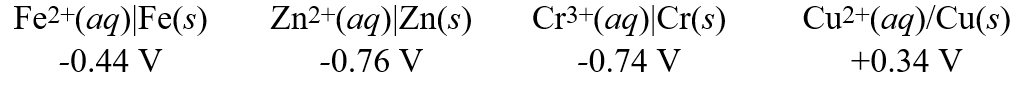  Using these metal ion/metal standard reduction potentials   Calculate the standard free energy ( \Delta G°) change for the cell reaction:Fe<sup>2+</sup>(aq) + Cr(s)  \rarr Fe(s) + Cr<sup>3+</sup>(aq)  A) -92.6 kJ B) -86.8 kJ C) 683.1 kJ D) -57.9 kJ E) -173.7 kJ 