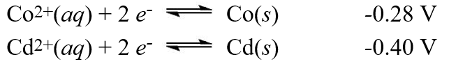 A galvanic cell is composed of these two half-cells, with the standard reduction potentials shown:   The actual concentrations are: [Co<sup>2+</sup>(aq) ] = 0.00100 M, [Cd<sup>2+</sup>] = 0.100 M. What is the potential of this galvanic cell? Hint: First calculate E°, then apply the solution concentrations of the galvanic cell using the Nernst equation. A) +0.18 V B) +0.12 V C) +0.24 V D) +0.060 V E) +0.68 V