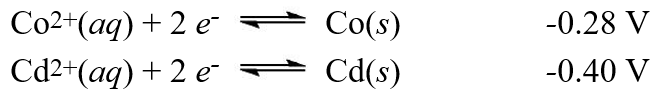 A galvanic cell is composed of these two half-cells, with the standard reduction potentials shown:   The actual concentrations in the cell are: [Co<sup>2+</sup>](aq) = 0.100 M, [Cd<sup>2+</sup>] = 0.0100 M. What is the potential of this galvanic cell?Hint: First calculate E°, then apply the solution concentrations of the galvanic cell using the Nernst equation. A) +0.06 V B) +0.09 V C) +0.15 V D) +0.18 V E) +0.24 V