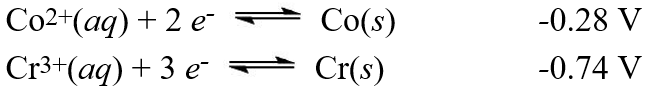 A galvanic cell is composed of these two half-cells, with the standard reduction potentials shown:   The actual concentrations in the cell are: [Co<sup>2+</sup>](aq) = 0.0100 M, [Cr<sup>3+</sup>] = 0.00100 M. What is the potential of this galvanic cell?Hint: First calculate E°, then apply the solution concentrations of the galvanic cell using the Nernst equation. A) +0.40 V B) +0.46 V C) +0.52 V D) +0.54 V E) +1.02 V