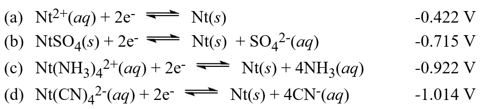 What is value of the formation constant for the tetracyanonortonate ion, Nt(CN)<sub>4</sub><sup>2</sup>? The reaction is: Nt<sup>2+</sup>(aq)+ 4CN<sup>-</sup>(aq)   Nt(CN)<sub>4</sub><sup>2</sup><sup>-</sup>(aq)Use these standard potentials in answering this question. (Note that an imaginary element is being used in this question).  