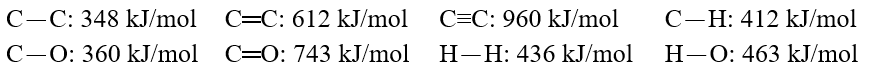  Using these bond energies, ?H°:   Calculate the value of  \Delta H° of reaction for O.C.O(g) + 3 H<sub>2</sub>(g) . CH<sub>3</sub>-O-H(g) + H-O-H(g)  A) -191 kJ/mol B) +272 kJ/mol C) -272 kJ/mol D) -5779 kJ/mol E) +5779 kJ/mol 