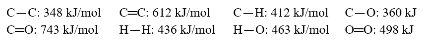  Using these bond energies,  \Delta H°:   Calculate the value of  \Delta H° of reaction for H<sub>2</sub>C.CH<sub>2</sub>(g) + H-O-H(g)  \rarr  CH<sub>3</sub>-CH<sub>2</sub>-O-H(g)  A) -13 kJ/mol B) -45 kJ/mol C) -124 kJ/mol D) +224 kJ/mol E) -508 kJ/mol 