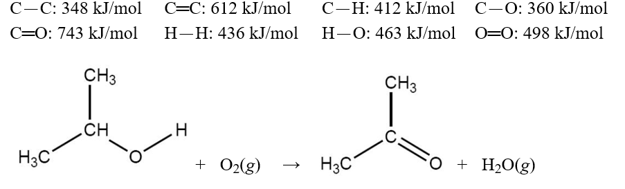 Calculate the value of ΔH° for the reaction, per mole, for the conversion of isopropyl alcohol into acetone by the reaction shown below.  
