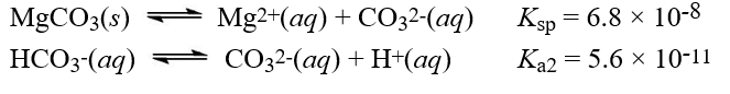 Given the following information:   What is the equilibrium constant for the reaction,MgCO<sub>3</sub>(s)+ H<sup>+</sup>(aq)   Mg<sup>2+</sup>(aq)+ HCO<sub>3</sub><sup>-</sup>(aq)