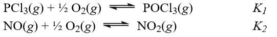 Given the two reactions shown with their equilibrium constants,   What is the equilibrium constant for the reaction,PCl<sub>3</sub>(g) + NO<sub>2</sub>(g)    POCl<sub>3</sub>(g) + NO(g)  A) K<sub>1</sub>K<sub>2</sub> B) K<sub>2</sub>/K<sub>1</sub> C) K<sub>1</sub>/K<sub>2</sub> D) (K<sub>1</sub>K<sub>2</sub>) <sup>-1</sup> E) K<sub>2 </sub>- K<sub>1</sub>