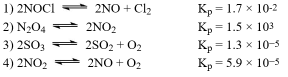 The following reactions have equilibrium values all measured at 500 K. Arrange them in order of increasing tendency to proceed to completion (least completion ? greatest completion) .   A) 2 < 1 < 3 < 4 B) 4 < 3 < 1 < 2 C) 3 < 1 < 4 < 2 D) 3 < 4 < 1 < 2 E) 4 < 3 < 2 < 1