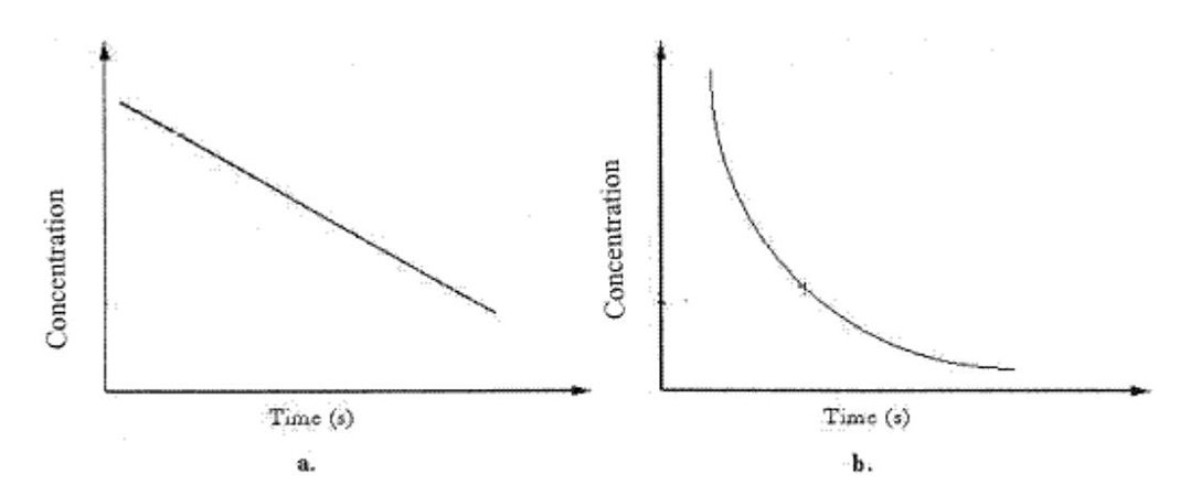   The average reaction rate over a time period in graph b can be found by A) taking the average of the rate every 100 s. B) drawing a line tangent to the curve at the initial and final times, and then averaging. C) drawing a line tangent to the curve at that point. D) subtracting the final concentration from the initial concentration and dividing by the time interval. E) subtracting the final time from the initial time and dividing by the concentration interval.