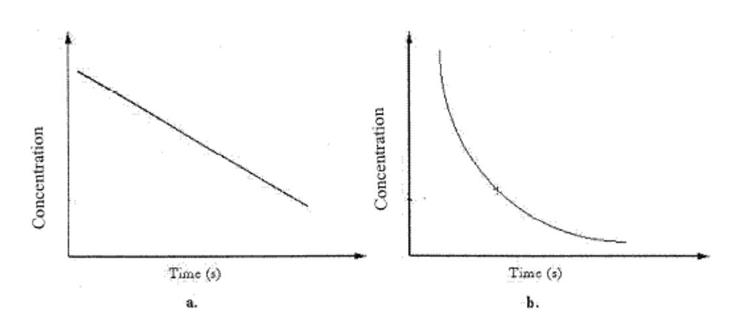   The instantaneous rate at any point in graph b can be found by A) taking the average of all rates found every 100 s. B) drawing a line tangent to the curve at the initial and final times, and then averaging. C) drawing a line tangent to the curve at that point. D) subtracting the final concentration from the initial concentration and dividing by the time interval. E) subtracting the final time from the initial time and dividing by the concentration.