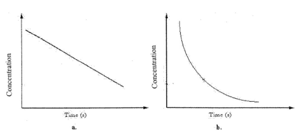 <strong>  Graph a can best be described as a</strong> A)Zero-order rate process. B)First-order rate process. C)Second-order rate process. D)B or C E)A or C <div style=padding-top: 35px> 