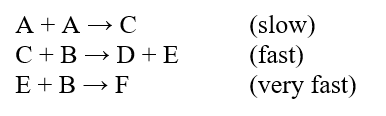  The reaction: 2A + 2B  \rarr  D + F was studied carefully and the following mechanism was determined.   The rate law for the reaction would therefore be A) rate = k[A]<sup>2</sup> B) rate = k[A]<sup>2</sup>[B]<sup>2</sup> C) rate = k[C][B] D) rate = k[A][B]<sup>3</sup> E) rate = k[A][B] 