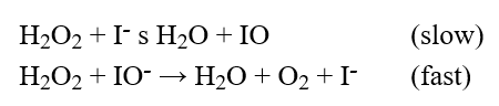 The reaction mechanism proposed for the decomposition of H<sub>2</sub>O<sub>2</sub> is   Which statement is true? A) The reaction is second order with respect to I<sup>-</sup>. B) I is an intermediate. C) The reaction is first order with respect to I<sup>-</sup>. D) IO<sup>-</sup> is a catalyst. E) The reaction is zero order with respect to I<sup>-</sup>.