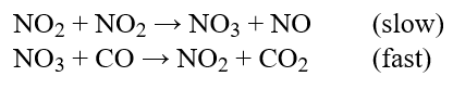 The reaction mechanism proposed for the decomposition of H<sub>2</sub>O<sub>2</sub> is   Which statement is true? A) The reaction is first order with respect to NO<sub>2</sub><sub>.</sub> B) NO<sub>2 </sub>is an intermediate. C) The reaction is first order with respect to CO. D) The reaction is second order with respect to NO<sub>2</sub>. E) The reaction is zero order with respect to NO<sub>2</sub>.