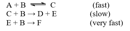  The reaction: A + 3B  \rarr  D + F was studied carefully and the mechanism below was determined. What is the rate law for the reaction?   Hint: Express the rate limiting step in terms of reactants present in the overall reaction. A) rate = k[A]<sup>2</sup>[B] B) rate = k[A][B]<sup>2</sup> C) rate = k[C][B] D) rate = k[A][B]<sup>3</sup> E) rate = k[A][B] 