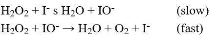 The decomposition of hydrogen peroxide in solution was studied in the laboratory, and the following mechanism was proposed based on the experimental data.   Which one of the following statements is false? A) The reaction is first order with respect to H<sub>2</sub>O<sub>2</sub>. B) The reaction is first order with respect to I<sup>-</sup>. C) I<sup>-</sup> is a catalyst. D) IO<sup>-</sup> is an intermediate. E) The reaction is first order with respect to IO<sup>-</sup>.