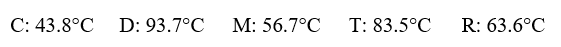 Given the following substances and their normal boiling points, in °C:   Which ranking correctly lists some of these substances in order of decreasing vapor pressure at 20°C? A) C > R > D B) D > T > R C) R > M > D D) C > D > M E) D > R > M