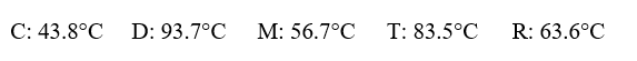 Given the following substances and their normal boiling points, in °C:   Which ranking correctly lists some of these substances in order of increasing vapor pressure at 20°C? A) C < R < D B) D < R < C C) R < T < D D) C < D < M E) D < M < R