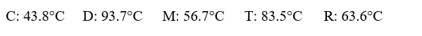 Given the following substances and their normal boiling points, in °C:   Which ranking correctly lists some of these liquids in order of increasing intermolecular forces at 20°C? A) C < R < D B) D < T < R C) R < T < C D) C < D < M E) D < R < M