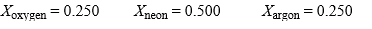 In a gas mixture containing oxygen, neon, and argon, the mole fractions are:   If this mixture behaves as an ideal gas, what is the density of this mixture, in g/liter, at 37.0 °C and 765 torr? If someone gave a sample of the mix described above to a student and had them determine the molar mass of the  gas without telling the student it was a mixture, what value should the student report?