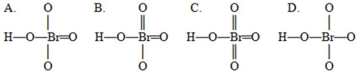 A student drew four possible Lewis structures for HBrO<sub>4</sub>   Complete these Lewis structures presented above by filling in the remaining valence electrons that are not in the bonds. Based on these structures, the preferred structure would be the structure shown as ________ in which the sum of the absolute values of the formal charges on all the atoms is ________. Hint: When determining remaining valence electrons remember to account for the electrons already present in the bonds. A) A, 4 B) B, 2 C) C, 0 D) D, 6 E) D, 0