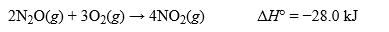 The thermochemical equation for the reaction between dinitrogen monoxide and oxygen to produce nitrogen dioxide is shown below. Write the thermochemical equation for the reaction when 1.00 mole of nitrogen dioxide is formed.    