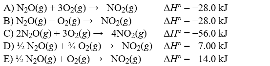 The thermochemical equation for the reaction between dinitrogen monoxide and oxygen to produce nitrogen dioxide is shown below. Write the thermochemical equation for the reaction when 1.00 mole of nitrogen dioxide is formed.    
