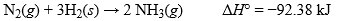  When nitrogen gas reacts with hydrogen gas to form ammonia, 92.38 kJ of heat is given off for each mole of nitrogen gas consumed, under constant pressure and standard conditions. What is the value of  \Delta H° for the reverse of the reaction shown?   A) +34.5 kJ B) -46.19 kJ C) +59.2 kJ D) -59.2 kJ E) +92.38 kJ 
