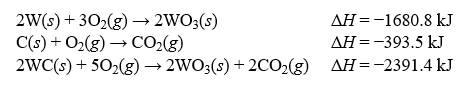  Determine the enthalpy change,  \Delta H, for the reaction, W(s) + C(s) ? WC(s) , given the following thermochemical equations:   A) +33.3 kJ B) -38.2 kJ C) +106.1 kJ D) -52.9 kJ E) +177.4 kJ 