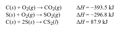  Determine the enthalpy change, ?H, for the reaction, CS<sub>2</sub>(l) + 3O<sub>2</sub>(g)  \rarr  CO<sub>2</sub>(g) + 2SO<sub>2</sub>(g) , given the following thermochemical equations:   Hint: Pay careful attention to your signs. If you reverse an equation remember to change the sign appropriately. A) +778.2 kJ B) -602.4 kJ C) -1075 kJ D) -778.2 kJ E) +602.4 kJ 
