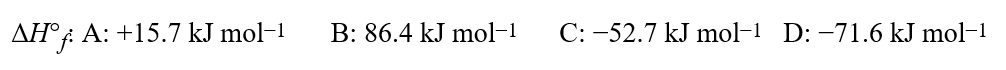  Given the equation for a hypothetical reaction, 3A + 4B  \rarr  4C + 7D, and the following standard enthalpies of formation,   calculate the standard enthalpy of reaction, in kJ, for the reaction shown. A) -53.6 kJ B) -413.5 kJ C) -515.6 kJ D) -853.6 kJ E) -908.4 kJ 