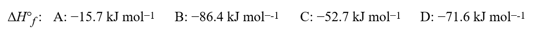  Given the equation for a hypothetical reaction, 5A + 3B  \rarr  7C + 3D, and the following standard enthalpies of formation,   what is the standard enthalpy of reaction, in kJ for the reaction shown? A) +26.6 kJ B) -53.6 kJ C) -198.8 kJ D) -246.0 kJ E) -413.5 kJ 