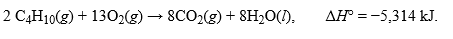 The combustion of butane, C<sub>4</sub>H<sub>10</sub>, is given as:   .How many grams of butane must be reacted by this reaction to release 10,525 kJ of heat?Hint: Use your coefficients from the equation and convert to moles as an intermediary when performing your calculations.